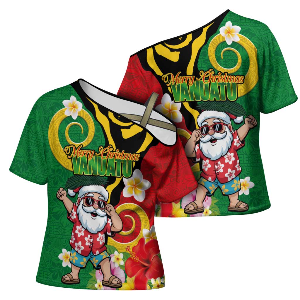 Vanuatu Christmas Cross Shoulder Shirt Funny Santa with Namele and Boar Tusk Tribal - Polynesian Pride