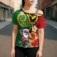 Vanuatu Christmas Cross Shoulder Shirt Funny Santa with Namele and Boar Tusk Tribal - Polynesian Pride