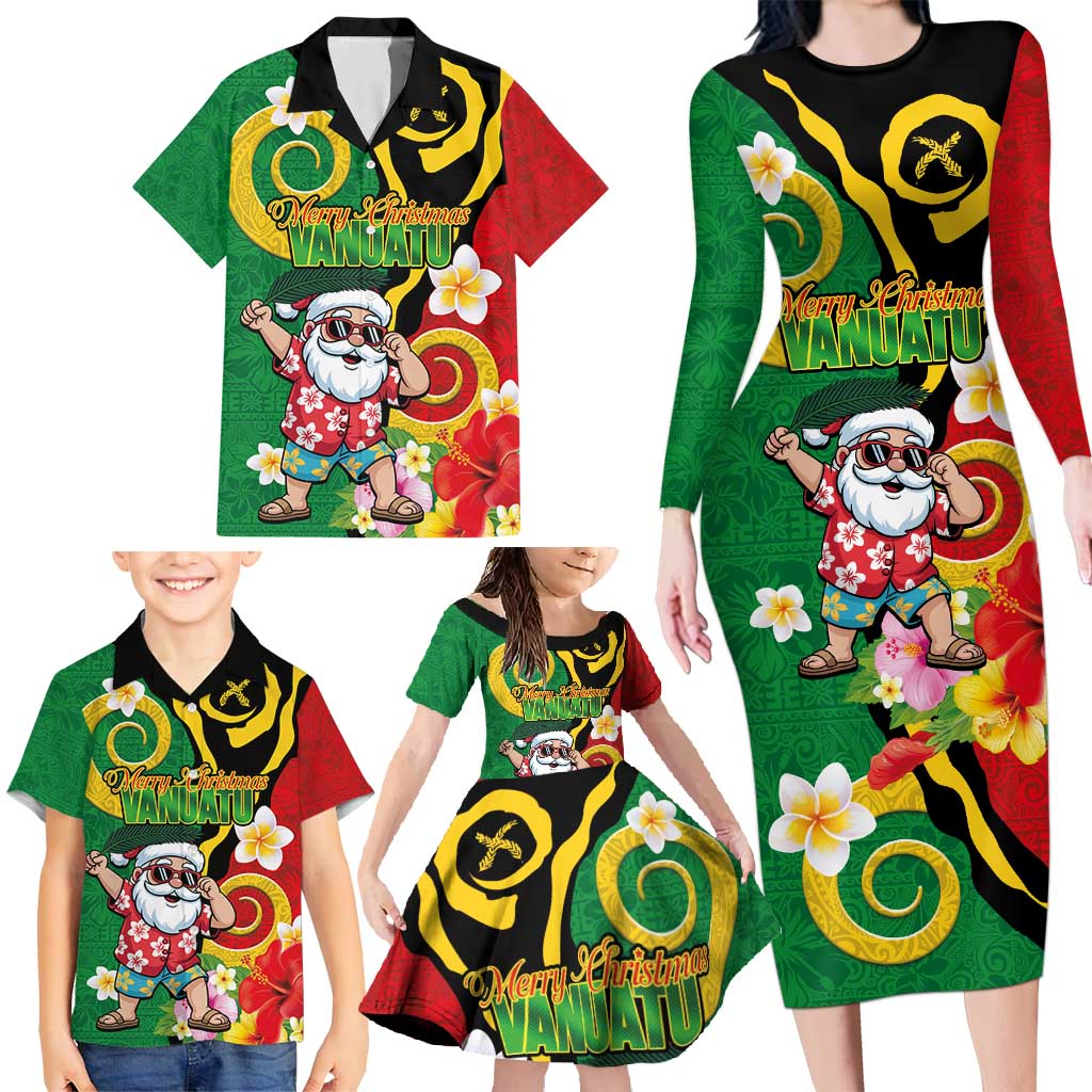 Vanuatu Christmas Family Matching Long Sleeve Bodycon Dress and Hawaiian Shirt Funny Santa with Namele and Boar Tusk Tribal - Polynesian Pride