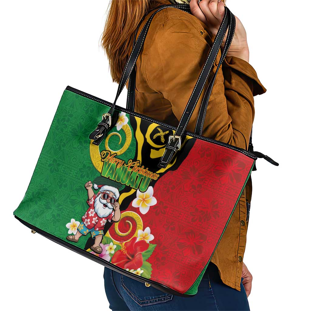Vanuatu Christmas Leather Tote Bag Funny Santa with Namele and Boar Tusk Tribal - Polynesian Pride