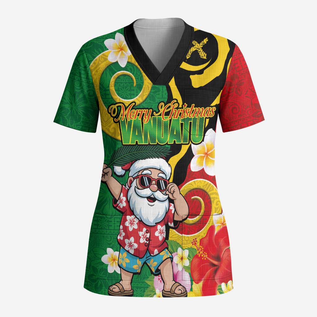 Vanuatu Christmas Scrub Top Funny Santa with Namele and Boar Tusk Tribal - Polynesian Pride