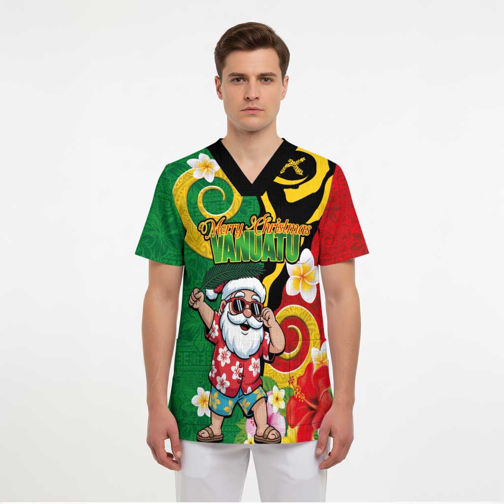 Vanuatu Christmas Scrub Top Funny Santa with Namele and Boar Tusk Tribal - Polynesian Pride