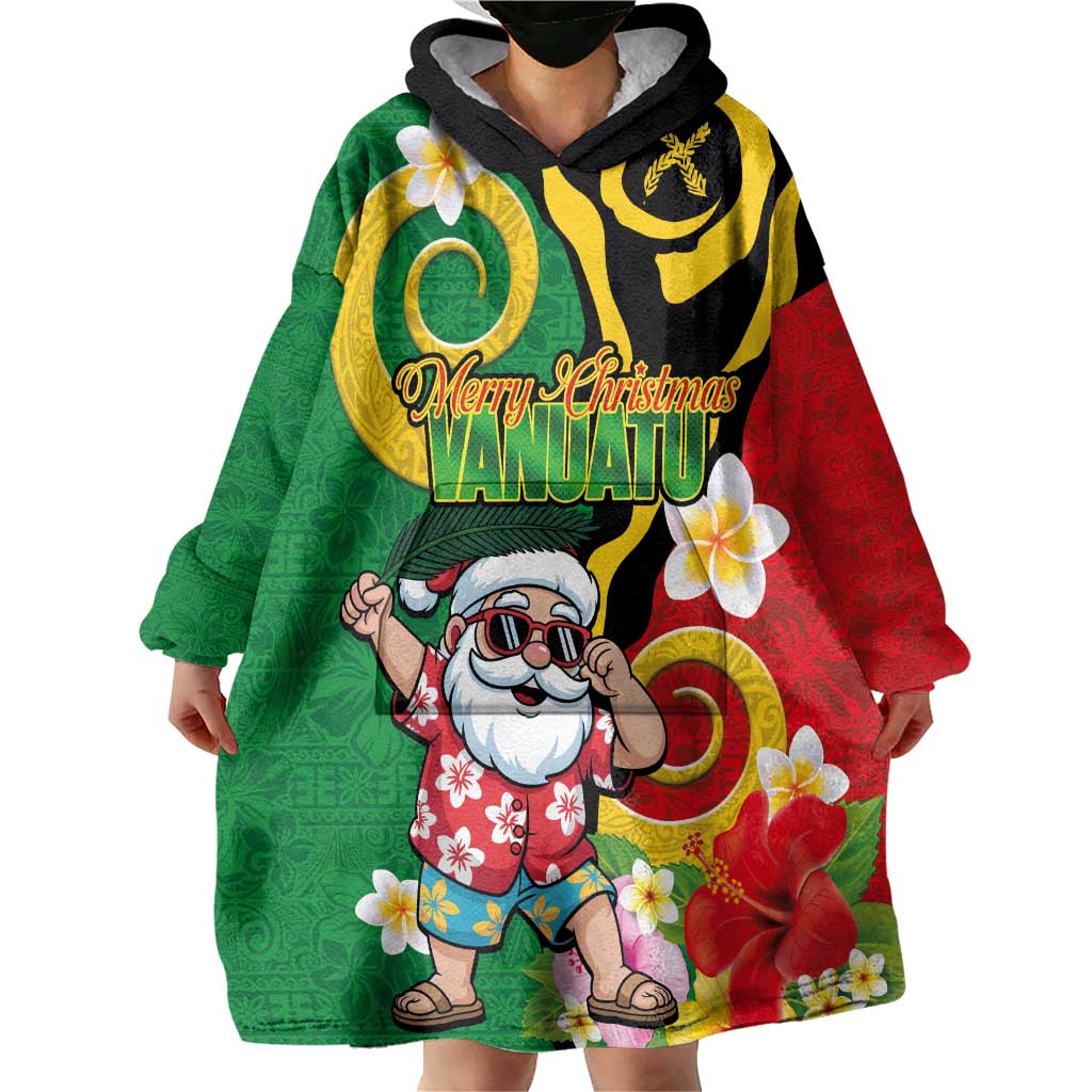 Vanuatu Christmas Wearable Blanket Hoodie Funny Santa with Namele and Boar Tusk Tribal - Polynesian Pride