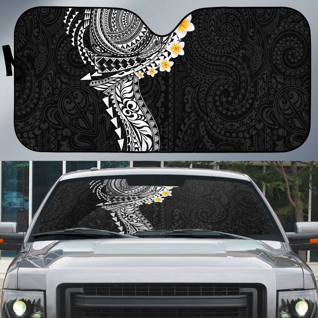 Hawaiian Tribal Tattoo and Plumeria Auto Sun Shade Polynesian Pattern Black Color LT03 Black - Polynesian Pride