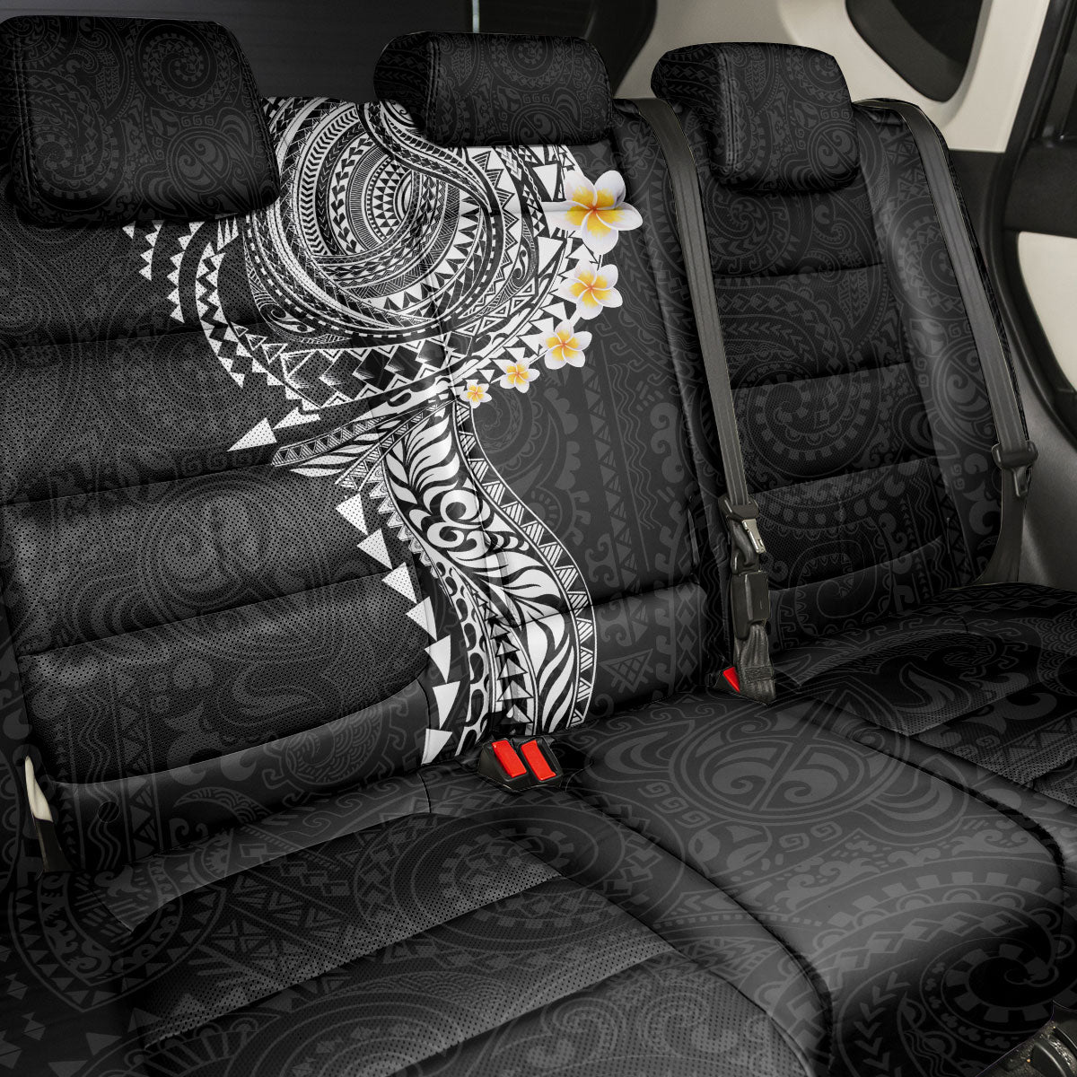 Hawaiian Tribal Tattoo and Plumeria Back Car Seat Cover Polynesian Pattern Black Color