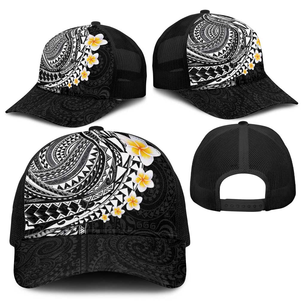 Hawaiian Tribal Tattoo and Plumeria Baseball Net Cap Polynesian Pattern Black Color