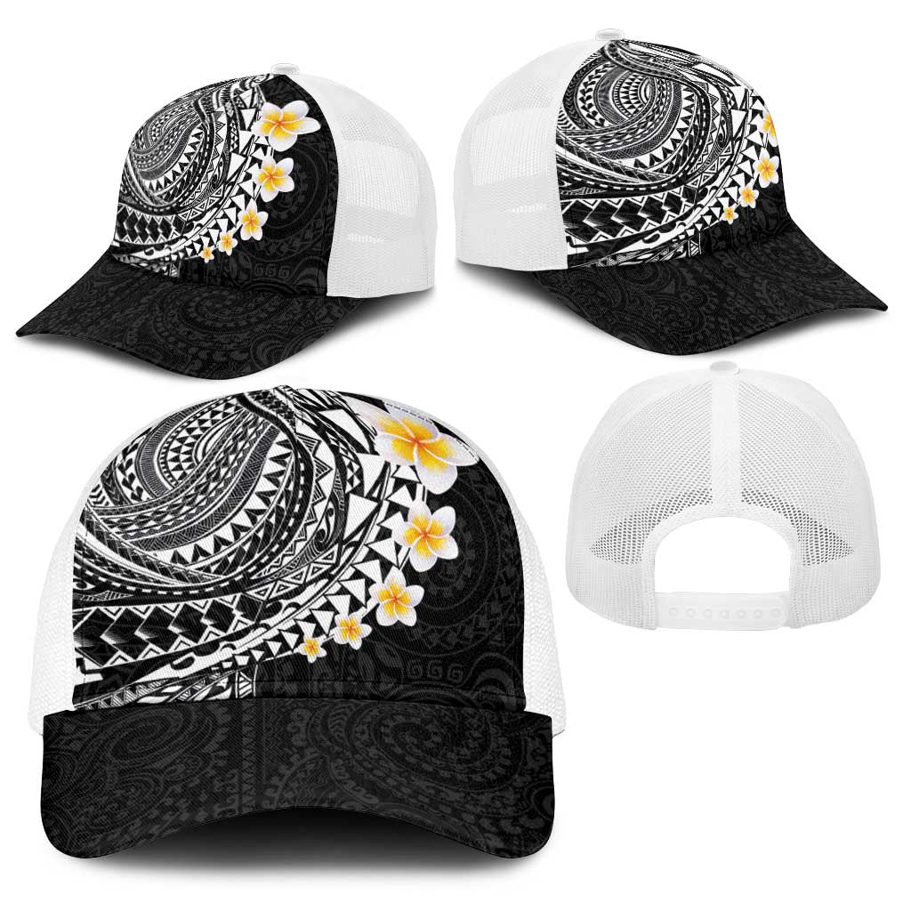 Hawaiian Tribal Tattoo and Plumeria Baseball Net Cap Polynesian Pattern Black Color