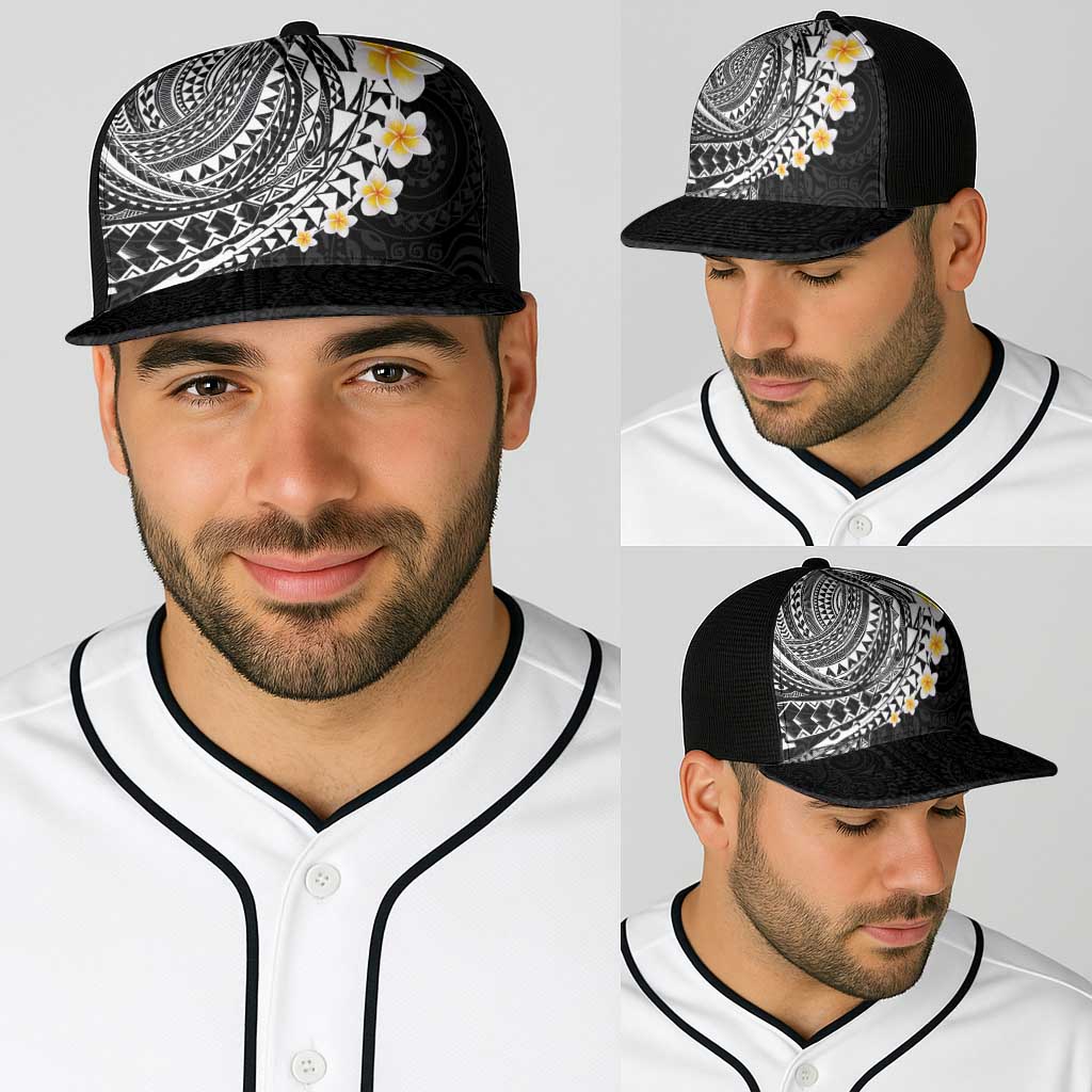 Hawaiian Tribal Tattoo and Plumeria Baseball Net Cap Polynesian Pattern Black Color