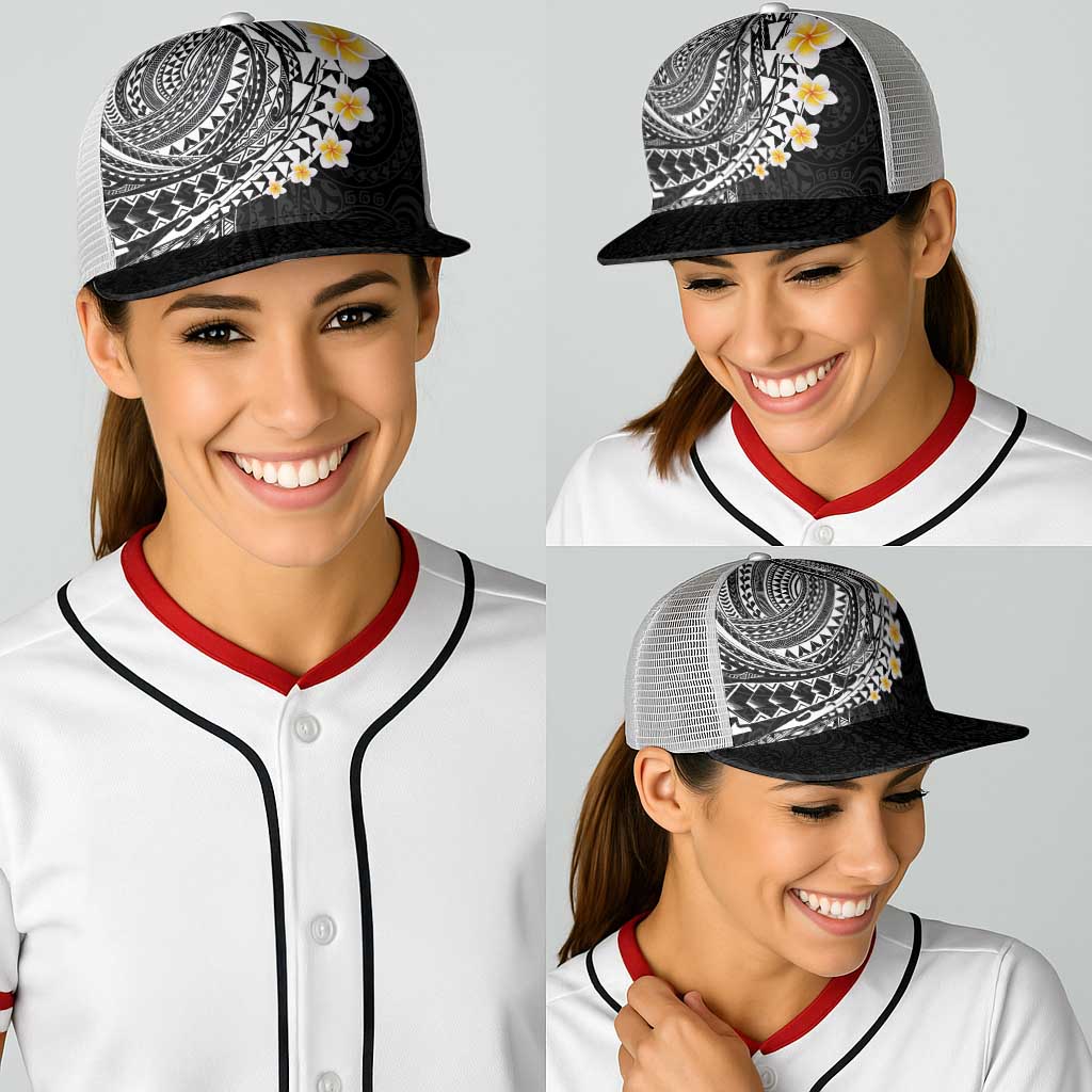 Hawaiian Tribal Tattoo and Plumeria Baseball Net Cap Polynesian Pattern Black Color
