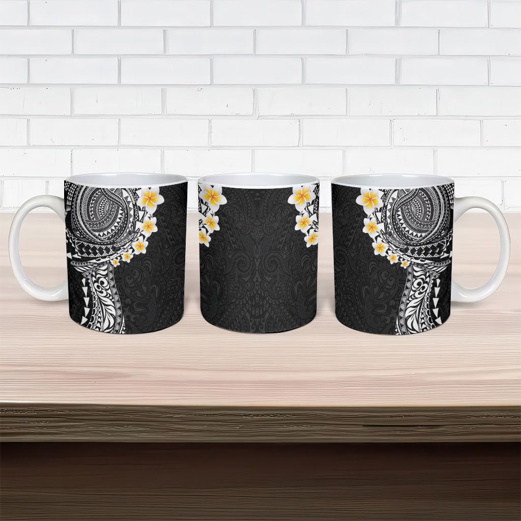 Hawaiian Tribal Tattoo and Plumeria Ceramic Mug Polynesian Pattern Black Color