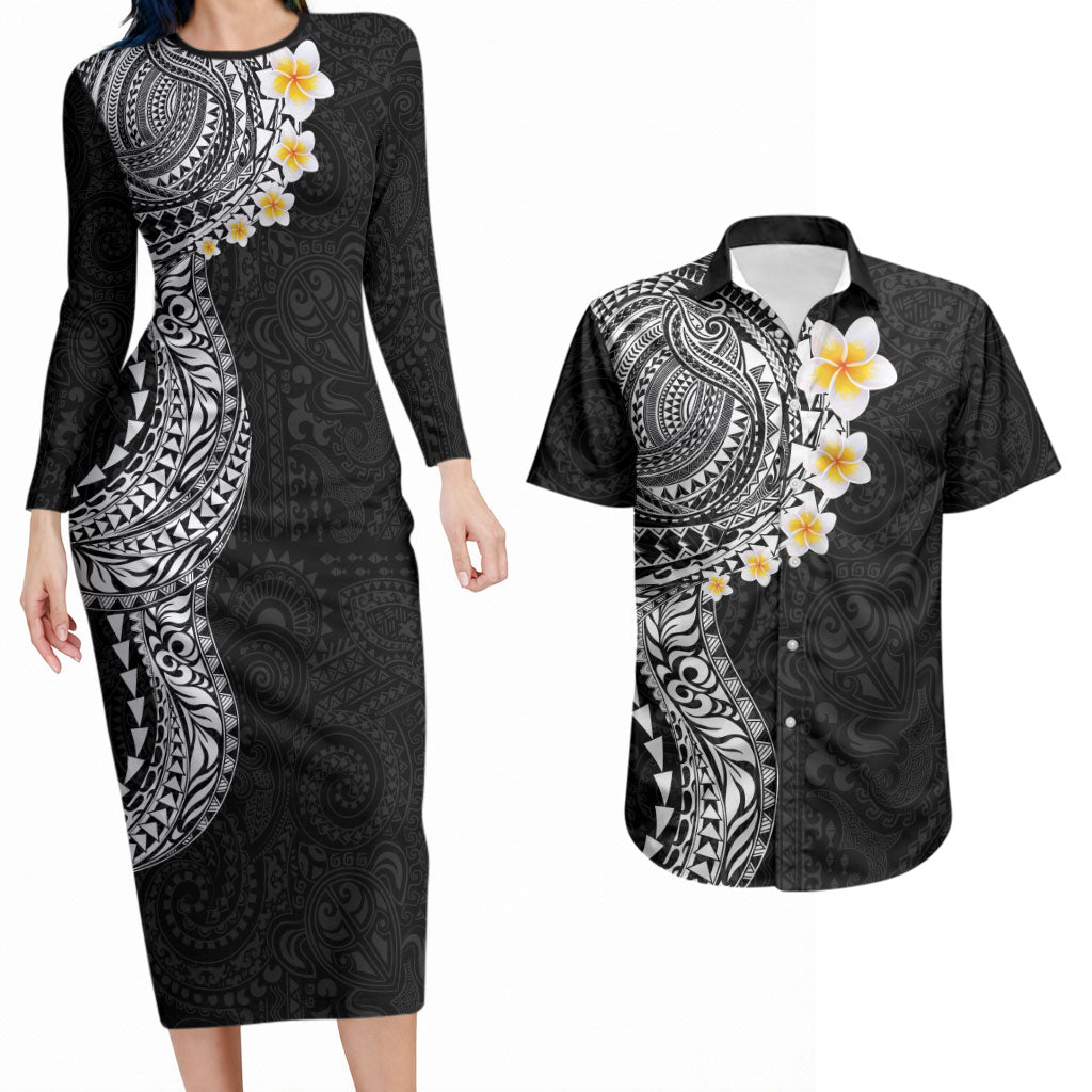 Hawaiian Tribal Tattoo and Plumeria Couples Matching Long Sleeve Bodycon Dress and Hawaiian Shirt Polynesian Pattern Black Color