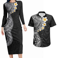 Hawaiian Tribal Tattoo and Plumeria Couples Matching Long Sleeve Bodycon Dress and Hawaiian Shirt Polynesian Pattern Black Color
