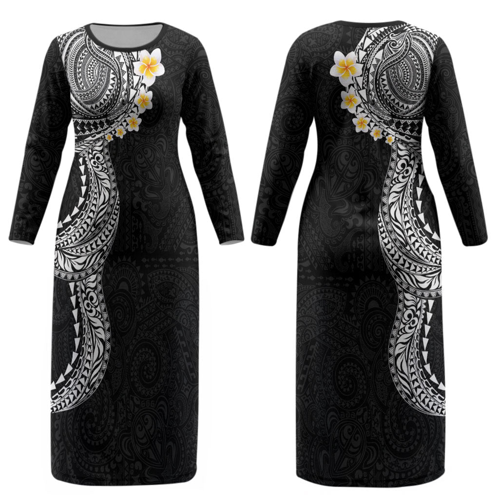 Hawaiian Tribal Tattoo and Plumeria Couples Matching Long Sleeve Bodycon Dress and Hawaiian Shirt Polynesian Pattern Black Color