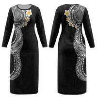 Hawaiian Tribal Tattoo and Plumeria Couples Matching Long Sleeve Bodycon Dress and Hawaiian Shirt Polynesian Pattern Black Color