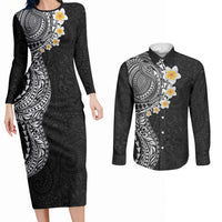 Hawaiian Tribal Tattoo and Plumeria Couples Matching Long Sleeve Bodycon Dress and Long Sleeve Button Shirt Polynesian Pattern Black Color