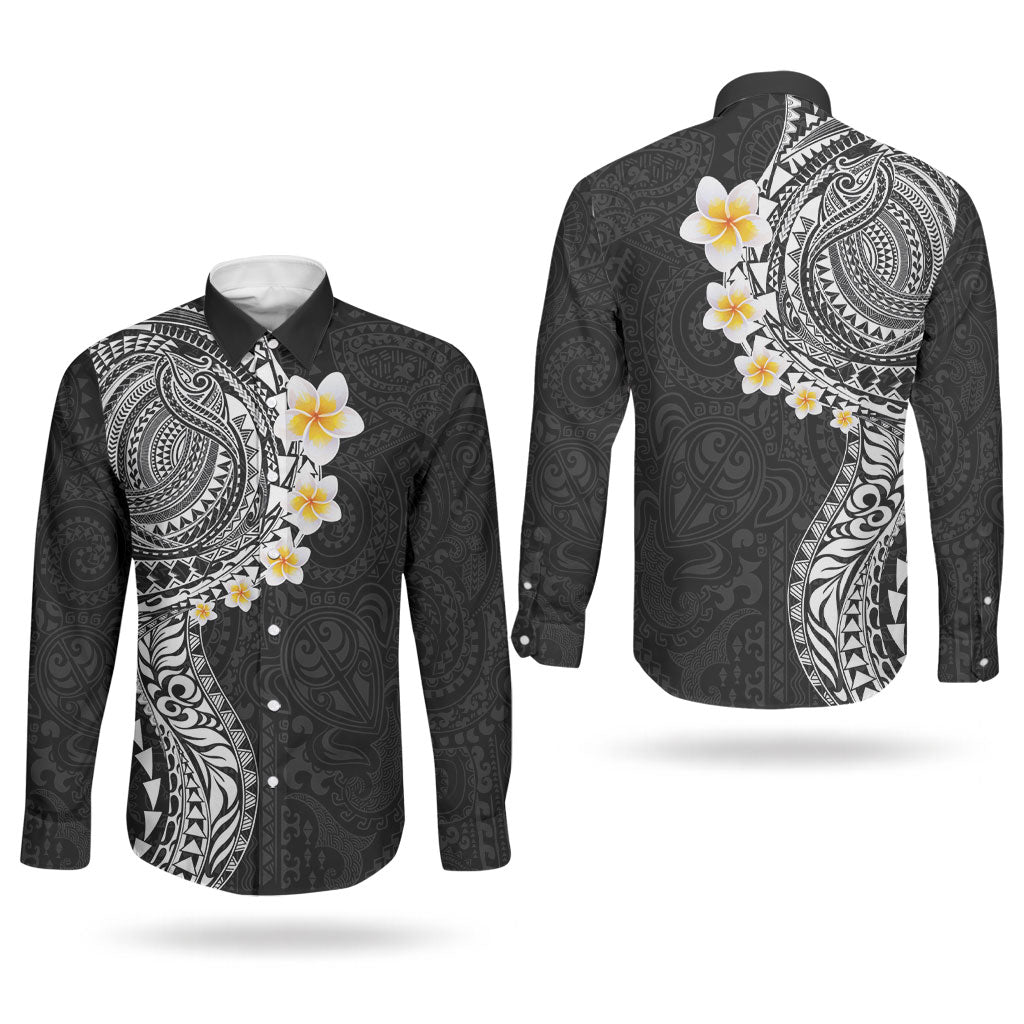Hawaiian Tribal Tattoo and Plumeria Couples Matching Long Sleeve Bodycon Dress and Long Sleeve Button Shirt Polynesian Pattern Black Color