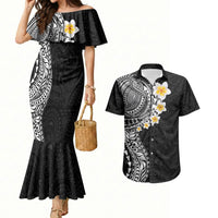 Hawaiian Tribal Tattoo and Plumeria Couples Matching Mermaid Dress and Hawaiian Shirt Polynesian Pattern Black Color