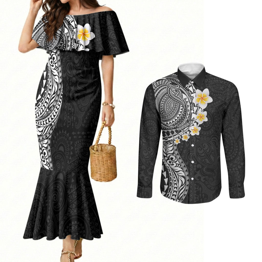 Hawaiian Tribal Tattoo and Plumeria Couples Matching Mermaid Dress and Long Sleeve Button Shirt Polynesian Pattern Black Color