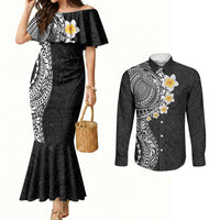 Hawaiian Tribal Tattoo and Plumeria Couples Matching Mermaid Dress and Long Sleeve Button Shirt Polynesian Pattern Black Color