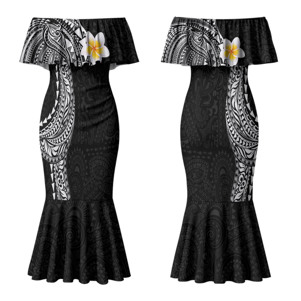 Hawaiian Tribal Tattoo and Plumeria Couples Matching Mermaid Dress and Long Sleeve Button Shirt Polynesian Pattern Black Color
