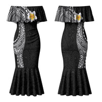 Hawaiian Tribal Tattoo and Plumeria Couples Matching Mermaid Dress and Long Sleeve Button Shirt Polynesian Pattern Black Color