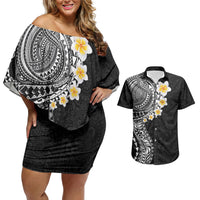 Hawaiian Tribal Tattoo and Plumeria Couples Matching Off Shoulder Short Dress and Hawaiian Shirt Polynesian Pattern Black Color