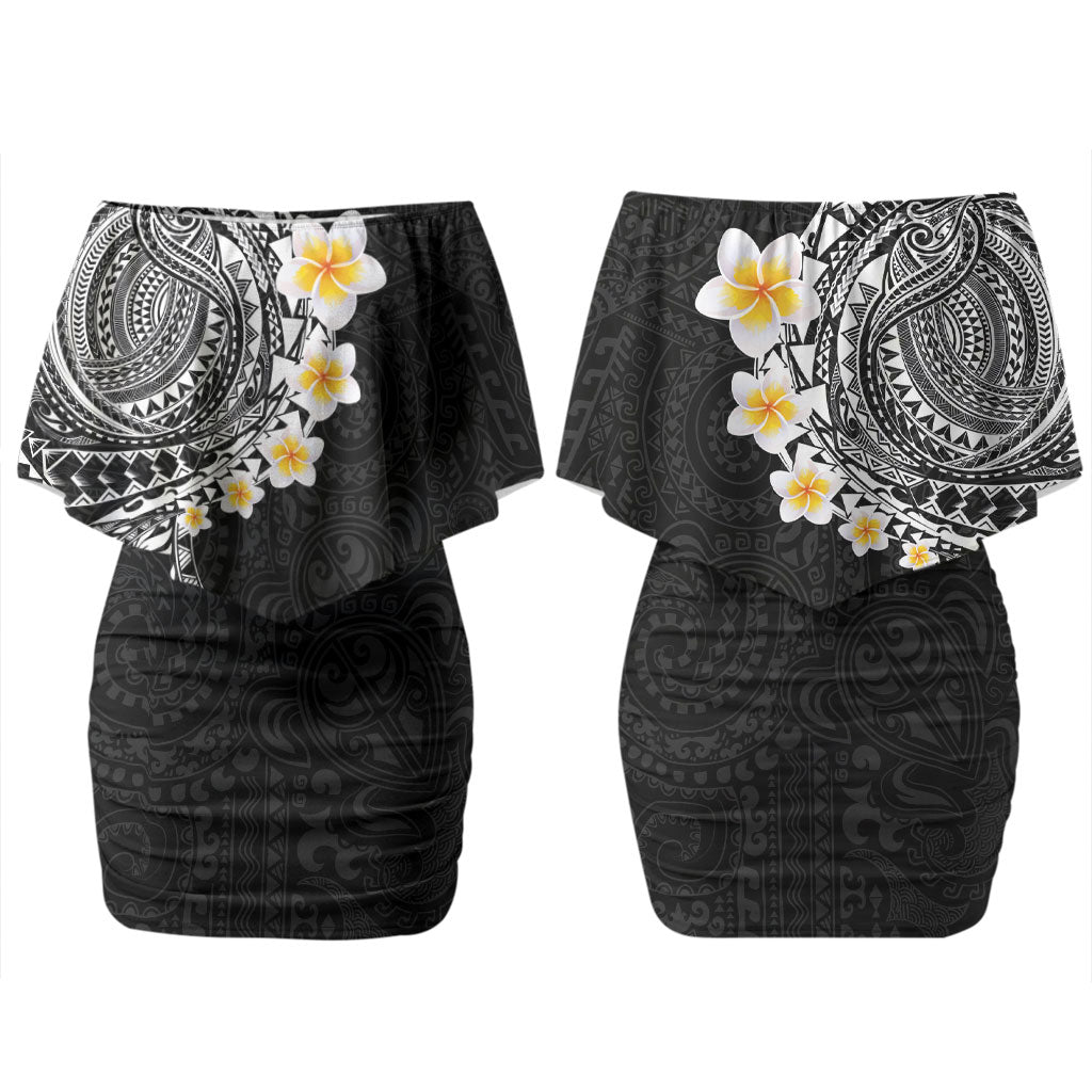 Hawaiian Tribal Tattoo and Plumeria Couples Matching Off Shoulder Short Dress and Hawaiian Shirt Polynesian Pattern Black Color