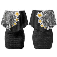 Hawaiian Tribal Tattoo and Plumeria Couples Matching Off Shoulder Short Dress and Hawaiian Shirt Polynesian Pattern Black Color
