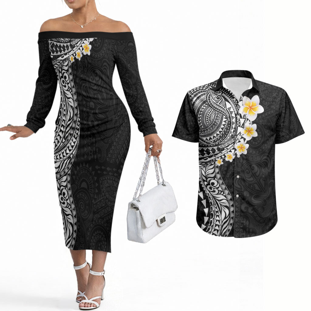 Hawaiian Tribal Tattoo and Plumeria Couples Matching Off The Shoulder Long Sleeve Dress and Hawaiian Shirt Polynesian Pattern Black Color