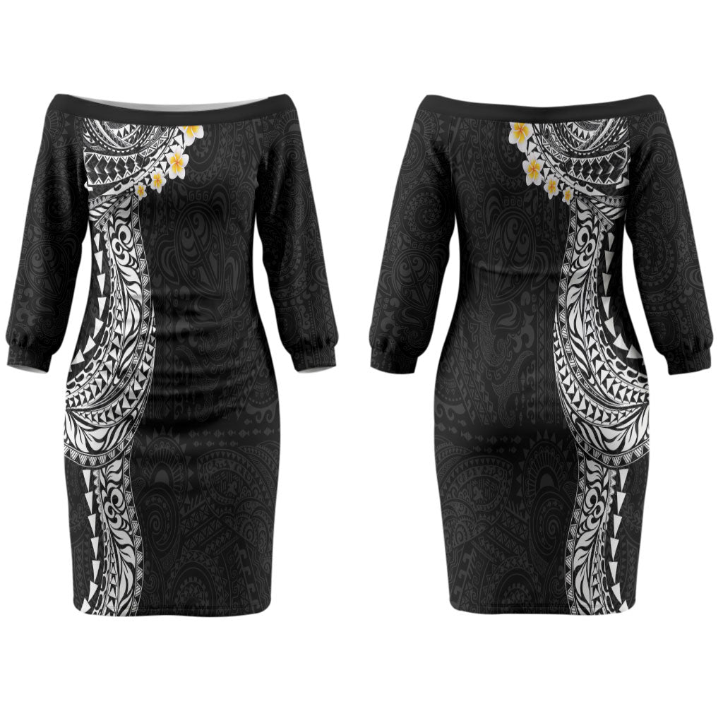 Hawaiian Tribal Tattoo and Plumeria Couples Matching Off The Shoulder Long Sleeve Dress and Hawaiian Shirt Polynesian Pattern Black Color