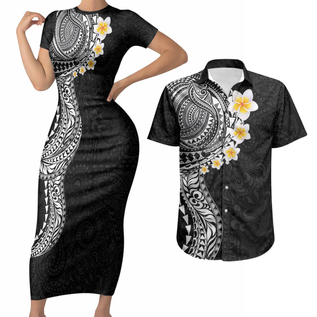 Hawaiian Tribal Tattoo and Plumeria Couples Matching Short Sleeve Bodycon Dress and Hawaiian Shirt Polynesian Pattern Black Color