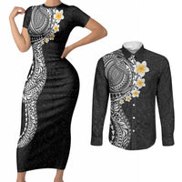 Hawaiian Tribal Tattoo and Plumeria Couples Matching Short Sleeve Bodycon Dress and Long Sleeve Button Shirt Polynesian Pattern Black Color