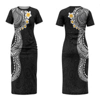 Hawaiian Tribal Tattoo and Plumeria Couples Matching Short Sleeve Bodycon Dress and Long Sleeve Button Shirt Polynesian Pattern Black Color