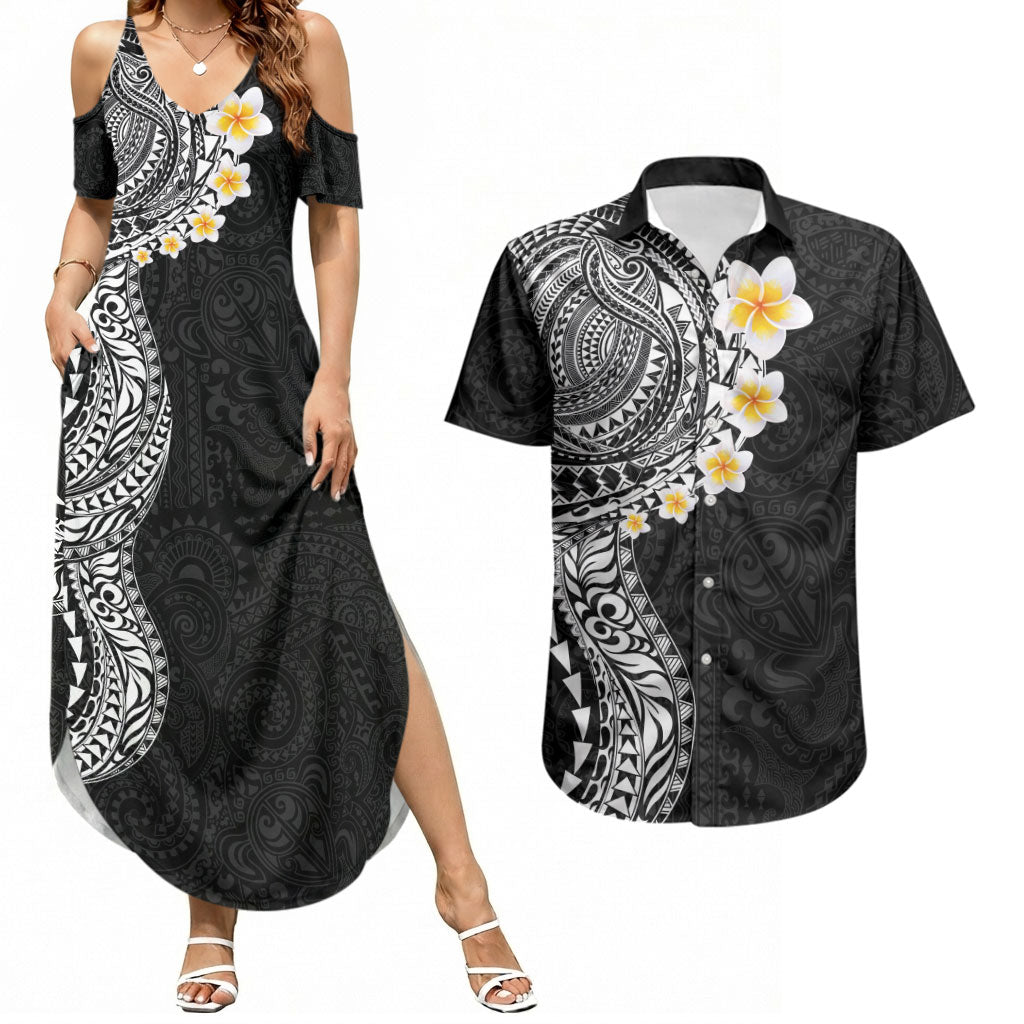Hawaiian Tribal Tattoo and Plumeria Couples Matching Summer Maxi Dress and Hawaiian Shirt Polynesian Pattern Black Color