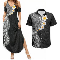 Hawaiian Tribal Tattoo and Plumeria Couples Matching Summer Maxi Dress and Hawaiian Shirt Polynesian Pattern Black Color