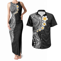 Hawaiian Tribal Tattoo and Plumeria Couples Matching Tank Maxi Dress and Hawaiian Shirt Polynesian Pattern Black Color
