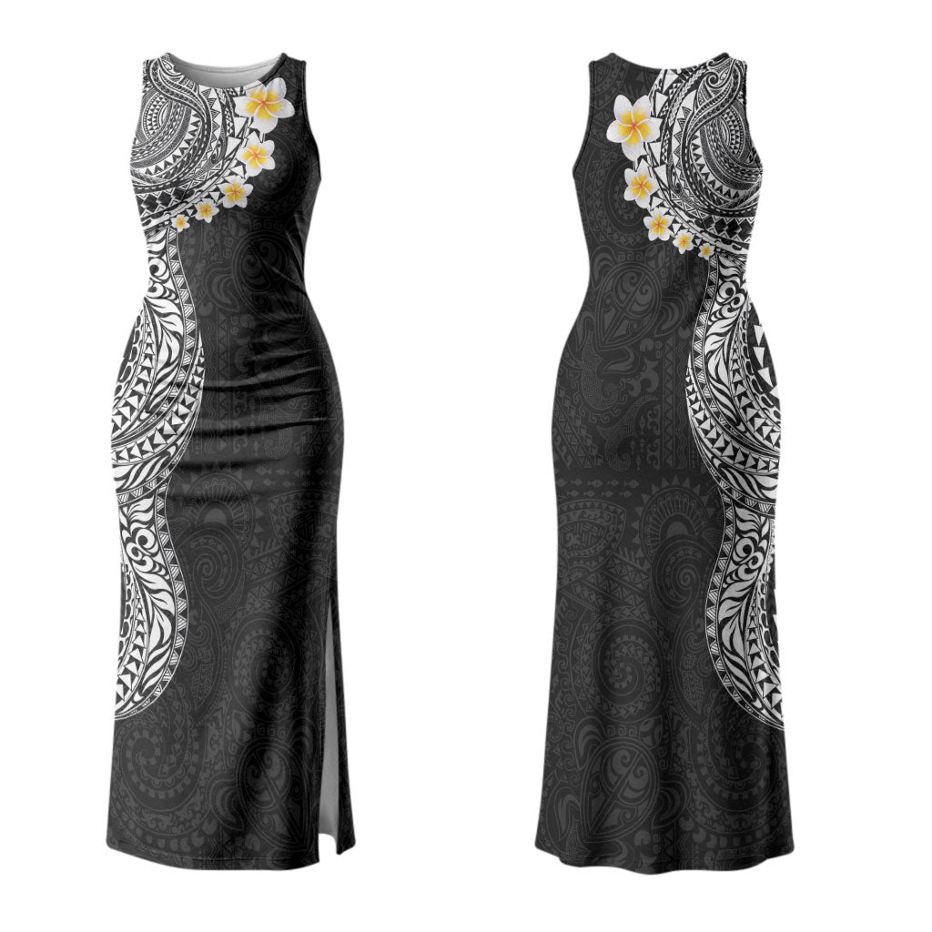 Hawaiian Tribal Tattoo and Plumeria Couples Matching Tank Maxi Dress and Hawaiian Shirt Polynesian Pattern Black Color