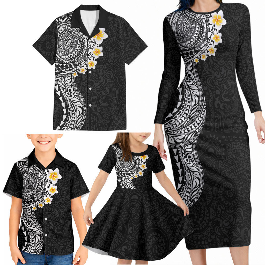 Hawaiian Tribal Tattoo and Plumeria Family Matching Long Sleeve Bodycon Dress and Hawaiian Shirt Polynesian Pattern Black Color