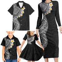Hawaiian Tribal Tattoo and Plumeria Family Matching Long Sleeve Bodycon Dress and Hawaiian Shirt Polynesian Pattern Black Color