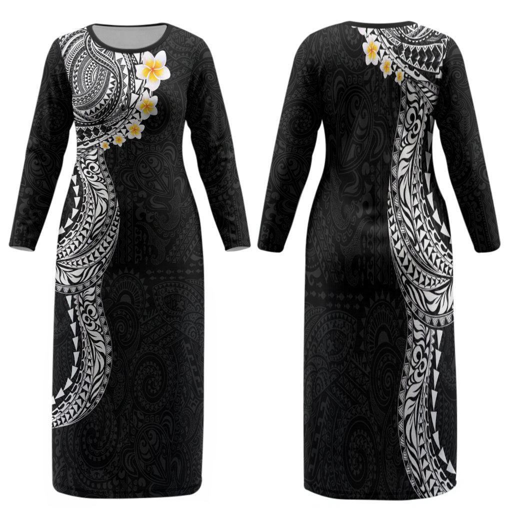 Hawaiian Tribal Tattoo and Plumeria Family Matching Long Sleeve Bodycon Dress and Hawaiian Shirt Polynesian Pattern Black Color
