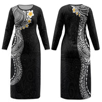 Hawaiian Tribal Tattoo and Plumeria Family Matching Long Sleeve Bodycon Dress and Hawaiian Shirt Polynesian Pattern Black Color
