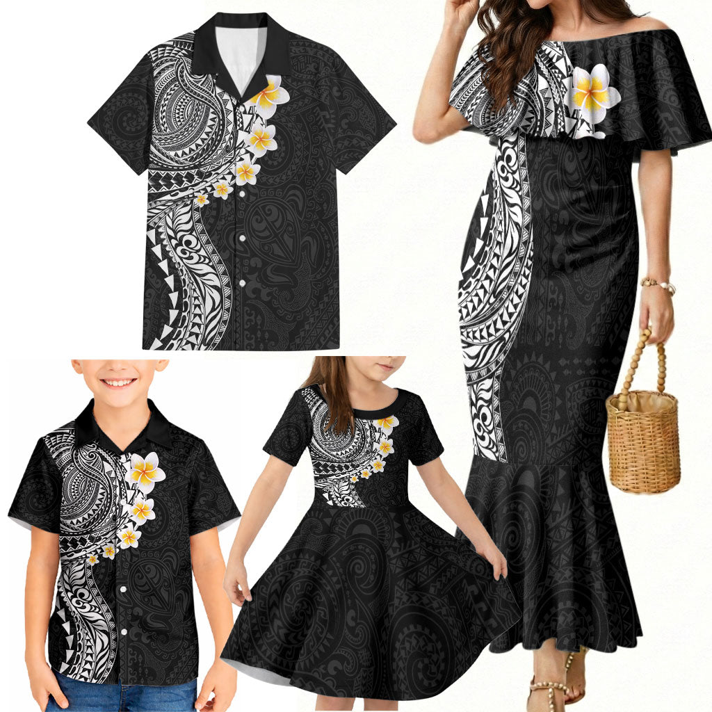 Hawaiian Tribal Tattoo and Plumeria Family Matching Mermaid Dress and Hawaiian Shirt Polynesian Pattern Black Color