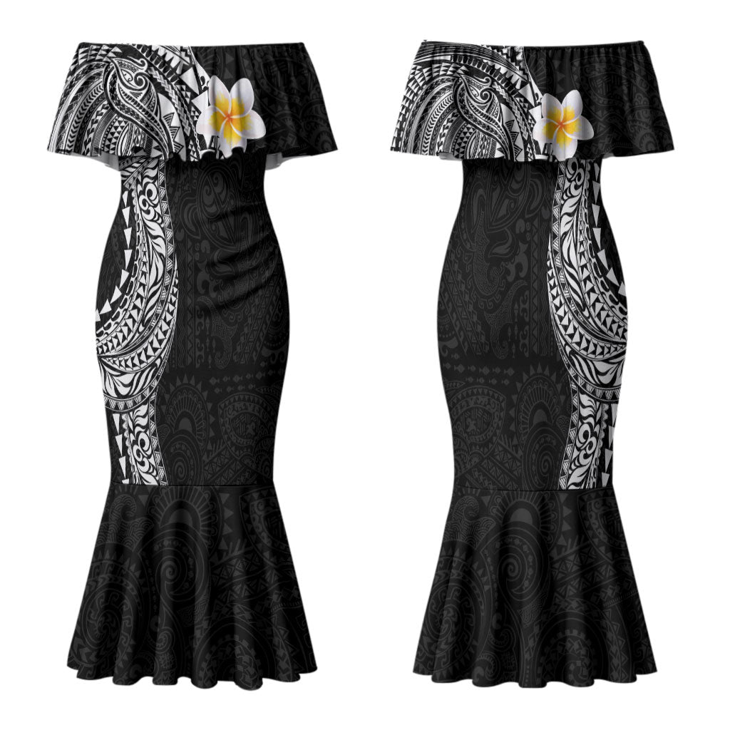 Hawaiian Tribal Tattoo and Plumeria Family Matching Mermaid Dress and Hawaiian Shirt Polynesian Pattern Black Color