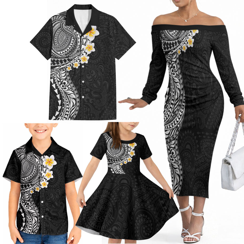Hawaiian Tribal Tattoo and Plumeria Family Matching Off The Shoulder Long Sleeve Dress and Hawaiian Shirt Polynesian Pattern Black Color