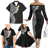 Hawaiian Tribal Tattoo and Plumeria Family Matching Off The Shoulder Long Sleeve Dress and Hawaiian Shirt Polynesian Pattern Black Color