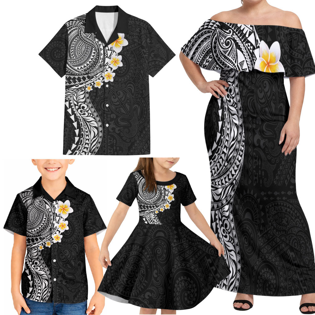 Hawaiian Tribal Tattoo and Plumeria Family Matching Off Shoulder Maxi Dress and Hawaiian Shirt Polynesian Pattern Black Color