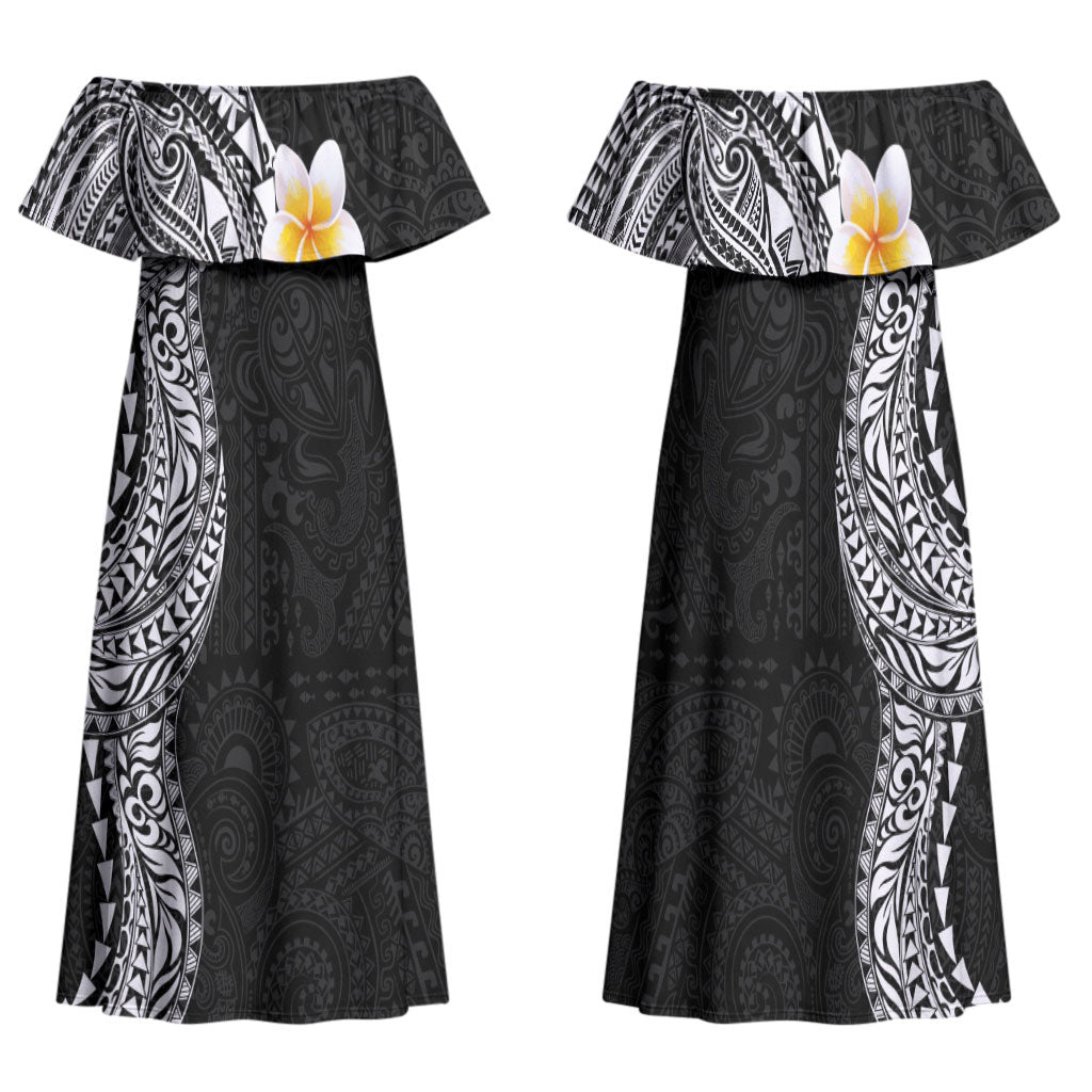 Hawaiian Tribal Tattoo and Plumeria Family Matching Off Shoulder Maxi Dress and Hawaiian Shirt Polynesian Pattern Black Color