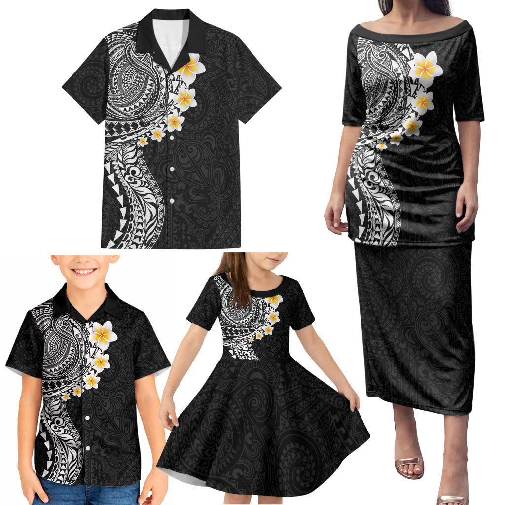 Hawaiian Tribal Tattoo and Plumeria Family Matching Puletasi and Hawaiian Shirt Polynesian Pattern Black Color