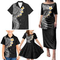 Hawaiian Tribal Tattoo and Plumeria Family Matching Puletasi and Hawaiian Shirt Polynesian Pattern Black Color