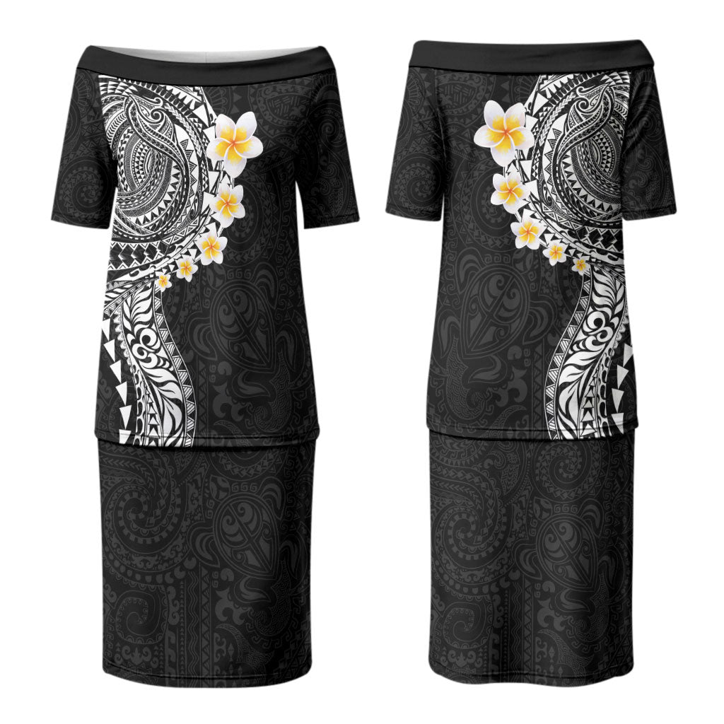 Hawaiian Tribal Tattoo and Plumeria Family Matching Puletasi and Hawaiian Shirt Polynesian Pattern Black Color